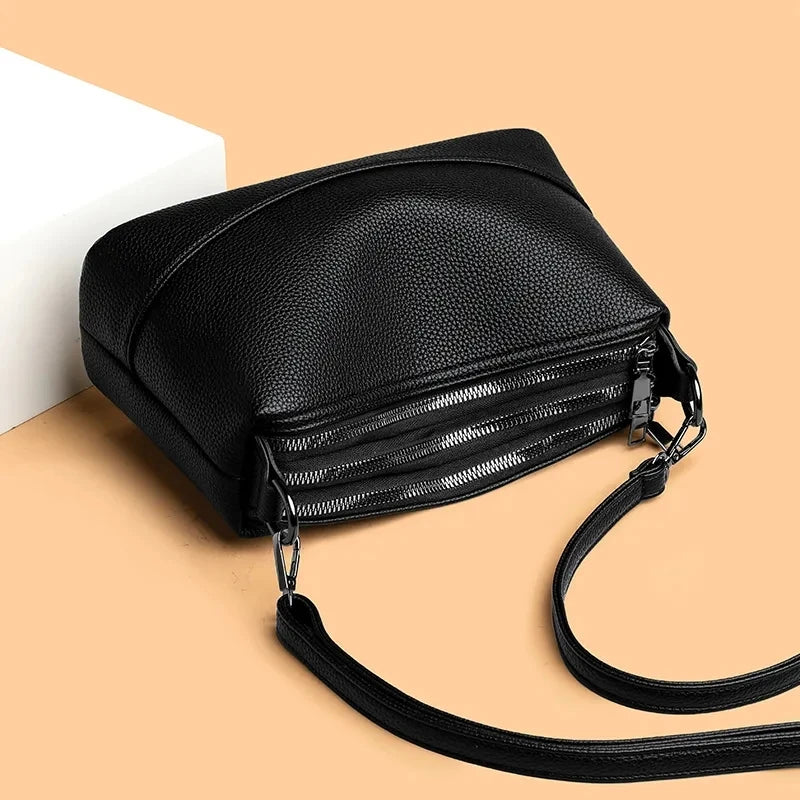 3-Layer Zipper Leather Handbag