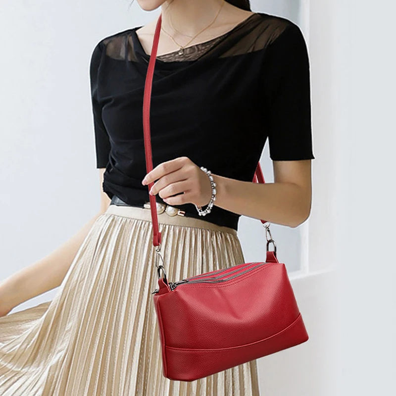 3-Layer Zipper Leather Handbag