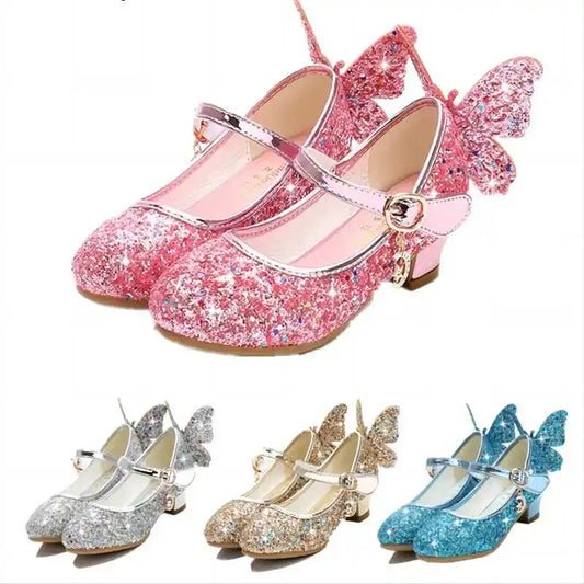 Butterfly Leather Kids Diamond Bowknot High Heel