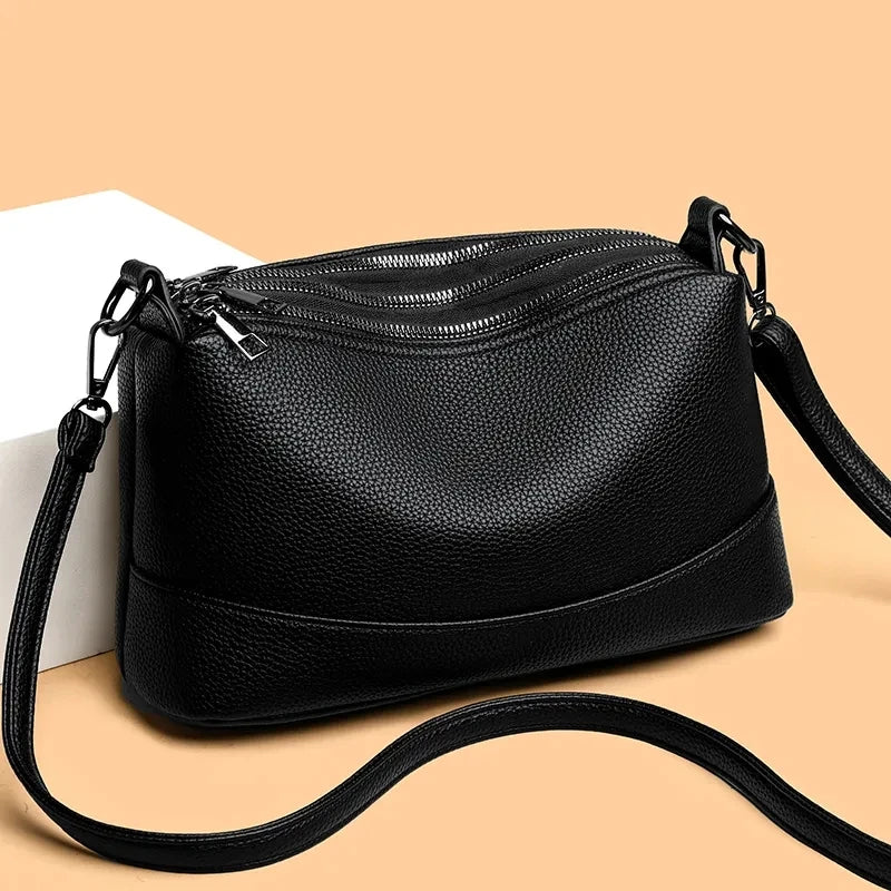 3-Layer Zipper Leather Handbag