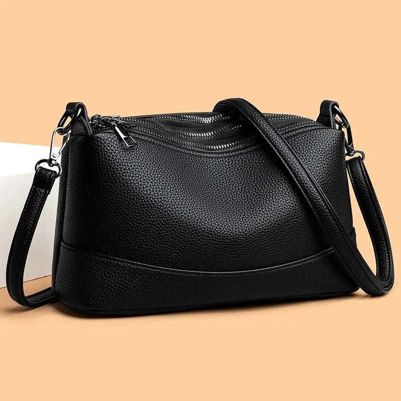 3-Layer Zipper Leather Handbag